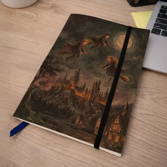 Caderno Sketchbook Harry Potter A5 (21x14cm) Capa Kraft Rústico | Voo do Trio + cartela de adesivos
