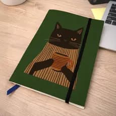 Caderno Sketchbook Gato Café e Flores A5 Kraft com Elástico