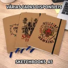 Caderno Sketchbook Stranger Things | Várias Capas | Hellfire Club | A5 Kraft + cartela de adesivos
