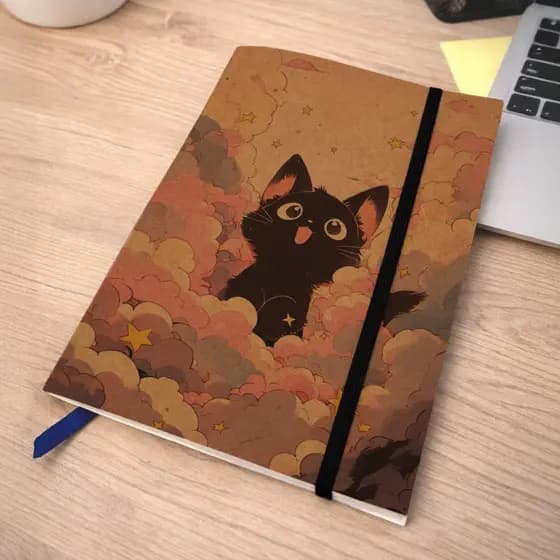 Caderno Sketchbook Gato nas Nuvens A5 Kraft | Costurado à Mão com Elástico