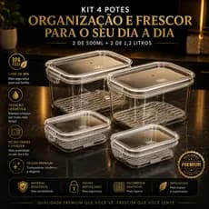 Kit 4 Porta Frios Potes Hermético C/ Travas Cesto Escorredor 1,2 L E 500ml Alimentos Frutas Vegetais