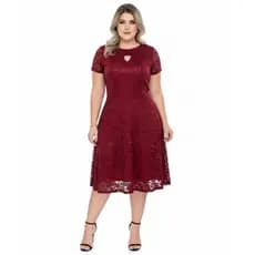 Vestido Midi Gode Renda Manga Curta Colo Vazado Evangélico