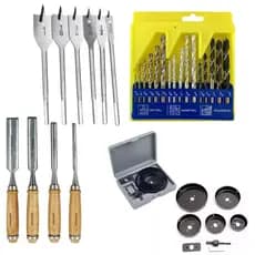 Kit 8 Peças Serra Copo, Kit 4 Formões Goivas e Kit 16 Brocas vídea + 6 Brocas Chata.
