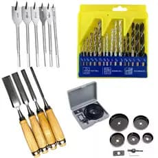 Kit 8 Peças Serra Copo, Kit 4 Formões e Kit 16 Brocas vídea + 6 Brocas Chata.