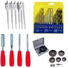 Kit 8 Peças Serra Copo, Kit 4 Formões e Kit 16 Brocas vídea + 6 Brocas Chata.