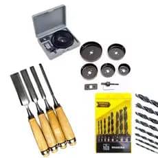 Kit 8 Peças Serra Copo, Kit 4 Formões e Kit 8 Brocas Madeira