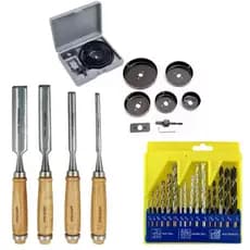 Kit 8 Peças Serra Copo, Kit 4 Formões Goivas E Kit 16 Brocas Vídea