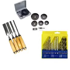 Kit 8 Peças Serra Copo, Kit 4 Formões e Kit 16 Brocas Vídea Madeira Concreto Ferro