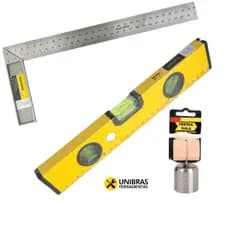 Kit Ferramentas Obra Pedreiro Esquadro 12" Pol. Nível 12" Pol. Prumo 400 gr Kit 3 Pçs Profissional