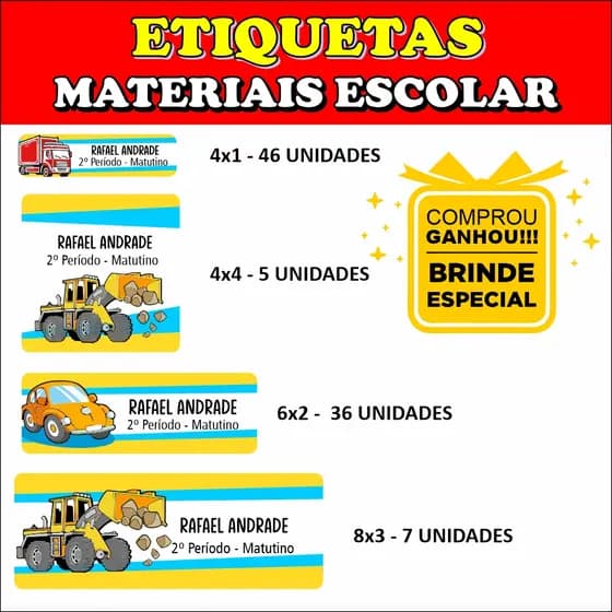 Etiqueta Escolar - TEMA CAMINHÃO, CARRO E TRATOR - Adesivos Personalizados - TOTAL DE 94 Adesivos + BRINDE