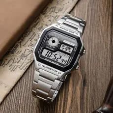 Relógio Masculino Digital TECIVET Dual Time Aço Inox 100M Prova D’Água Cronômetro Alarme Luz LED