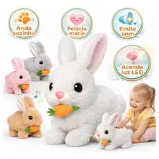 Coelho de Pelúcia Bichinho Brinquedo Coelhinho Elétrico Infantil Para Caminhar e Pular Páscoa