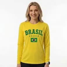 Blusa Camisa Manga Longa Brasil Copa do Mundo Acorda Brasil Casual Esportivo Proteção UV Tecido Macio e Confortável