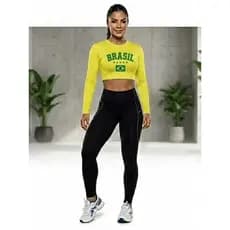 Cropped Brasil Feminino Manga Longa  Fitness Academia Top Esportivo Elastano Confortável Secagem Rápida Azul Leve Fit