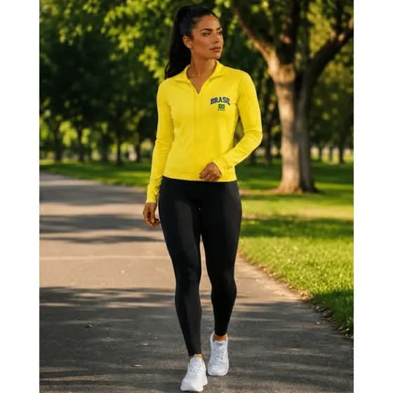 Camisa Brasil Feminina UV Manga Longa com Zíper Proteção Solar Copa do Mundo Fitness Caminhada Corrida Tecido Gelado