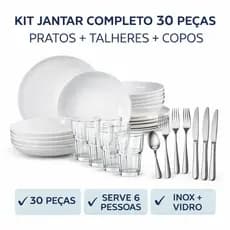 Kit Jantar Completo 30 Peças Pratos Vidro Copos 350ml Talheres Inox 6 Pessoas  -Mesa Posta Casa Nova