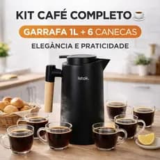 Kit Garrafa Térmica 1L + 6 Canecas Vidro 250ml Café Chá Mantém Quente e Frio Até 12h Design Moderno Garrafa  de Café