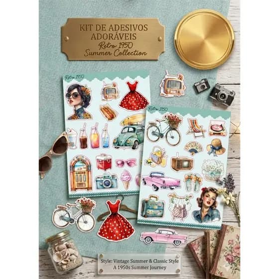 Kit de Adesivos Sticker Tema Retro 1950 Para Scrapbook Planner Bullet Journal Agenda Vintage Pin-up e Anos 50 29 a 58un.