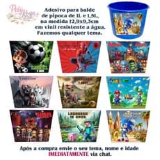 Adesivo Personalizado para Balde de Pipoca 1L e 1,5L RECORTADO QUALQUER TEMA Vinil Resistente à Água Kit Cinema