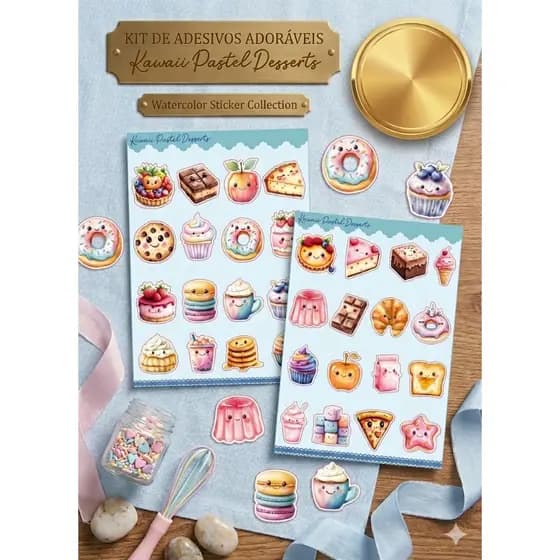 Kit de Adesivos Sticker Tema Kawaii Pastel Desserts Para Scrapbook Planner Bullet Journal Agenda Cute Doces e Comidinhas