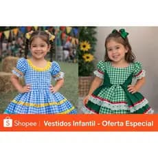 Vestido Festa Junina Infantil Menina Caipira Rodado Xadrez Luxo São João Arraiá 2 a 10 Anos