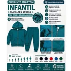 Conjunto Moletom Infantil Flanelado Grosso com Zíper e Bolso Canguru – Inverno Quente Menino/Menina 1 a 14 Anos