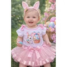 Conjunto Infantil Páscoa Feminino Body Personalizado Coelhinha + Saia Tule Rosa com Pérolas P ao GG bebê