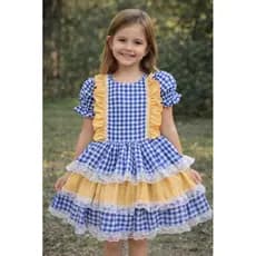 Vestido Infantil Xadrez Festa Junina Luxo com Renda – Vestido Caipira Menina Rodado Azul , Amarelo 8 Anos envio imediato
