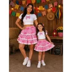 Saia Junina Luxo Mãe e Filha Rosa com Laços e Renda