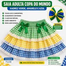 Saia Junina Adulto Copa Xadrez Verde Amarelo Azul Com Renda e Laços Festa Junina P ao GG com Brinde
