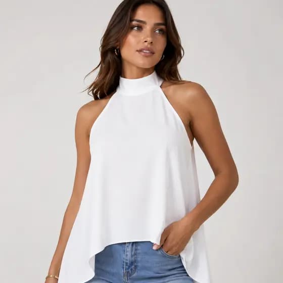Blusa Feminina Gola Alta com Amarração no pescoço Frente Unica Regata Assimetrica Bata