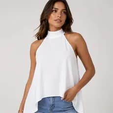 Blusa Feminina Gola Alta com Amarração no pescoço Frente Unica Regata Assimetrica Bata