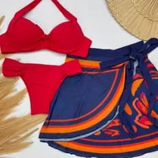 trikini com top bojo calcinha bombom borboleta e saia envelope pareo curta natação, saida de praia