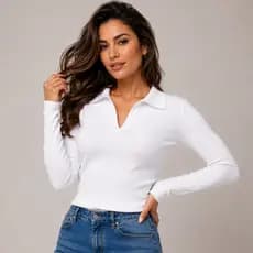 Blusa Feminina Polo Canelada Manga Longa, Gola, Ribana, Basica de Inverno.