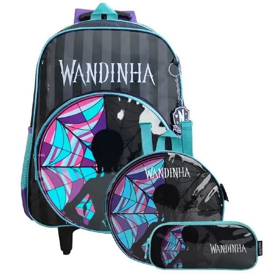 Kit Wandinha Mochila Escolar De Rodinhas Com Estojo Duplo E Lancheira Térmica