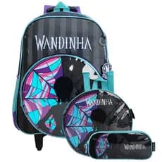 Kit Wandinha Mochila Escolar De Rodinhas Com Estojo Duplo E Lancheira Térmica