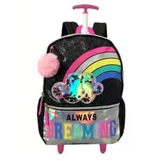 Mochila Juvenil Escolar C/ Bolso Para Garrafa Feminina Juvenil  Infantil Arco-Íris Nuvens Com Pompom
