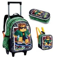 Kit Mochila Rodinha Gamecraft Mundo Virtual Infantil Menino Grande Com Estojo + Lancheira