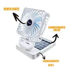 Ventilador Dobrável Vento Forte Carregamento Solar e USB Casa e Carro 3 Velocidades Adesivo Fixação