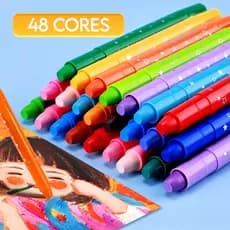 Giz de Cera Escolar Kit 48 Cores Retrátil Anti Quebra Colorido Giratório Macio