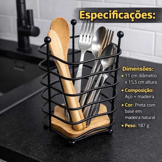 Suporte para Talheres 15,5 cm Ecowood, Base de Madeira Escorredor de Garfo Faca Colher