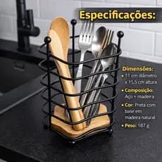 Suporte para Talheres 15,5 cm Ecowood, Base de Madeira Escorredor de Garfo Faca Colher