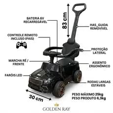 🏎️ Carrinho Elétrico Infantil Com Controle Remoto e Empurrador 6V C\ Haste Guia Triciclo ate 25kg