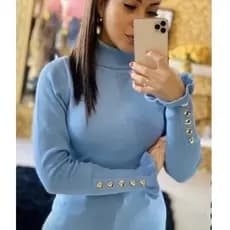Blusa Moda Feminina Tricot linha  Gola chacharrel  manga babado botao sueter lançamento