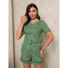 Conjunto Linho feminino Blusinha com botão e short com bolso Laçamento 2025