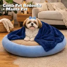 Kit Cama Cachorro Redonda Macia + Manta Pet Inverno Gato Antialérgica Lavável Confortável