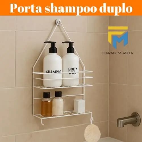 Porta Shampoo Duplo de Ferro Branco 25x46x8,5cm banheiro porta cosmeticos