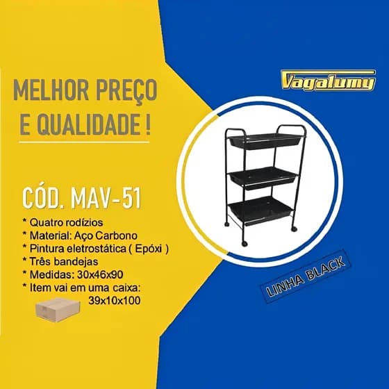 Carrinho Mesa Auxiliar c/3 Bandeijas Prática