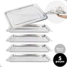 Kit 5 Bandejas De Aço Inox Retangular Rasa 36 X 27 Restaurante