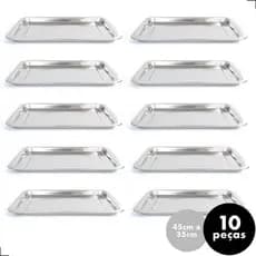 Kit 10 Bandeja Aço Inox Retangular Grande Rasa Restaurante 45x35